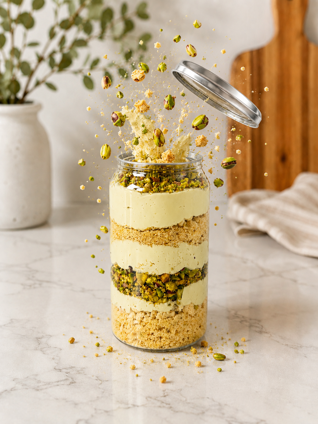 Daylight Pistachio dessert cup with pistachios and crumble exploding above the jar